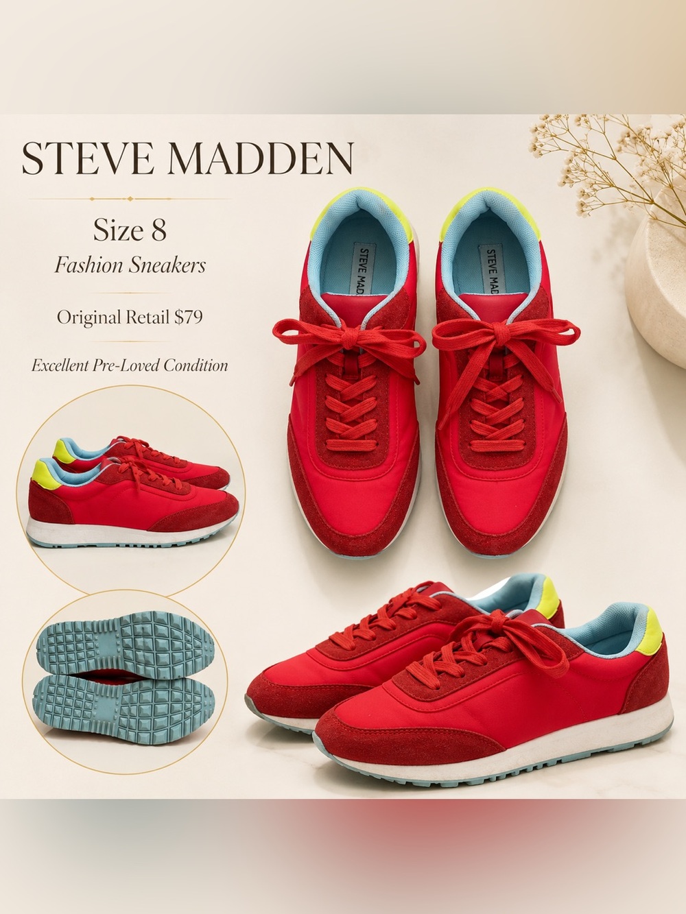 Steve Madden Red Sneakers with Blue Liners and Yellow Accents